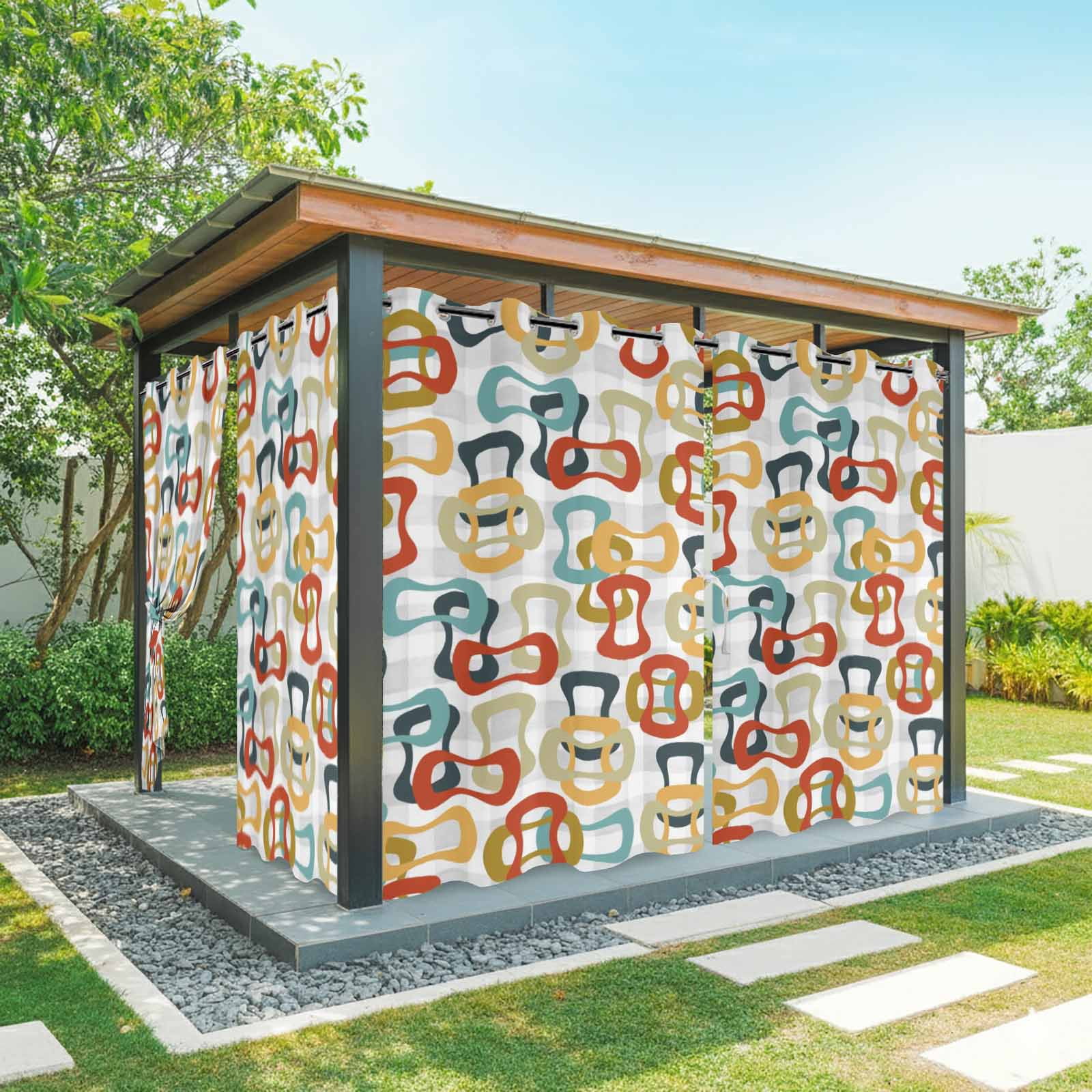 Colored Rings Outdoor Curtains for Patio, Abstract Retro Colorful Ring Grey Plaid Sunshade Privacy Drapes Grommet Waterproof Outside Curtains for Porch/Cabana/Balcony 54"x 108", 1 Panel