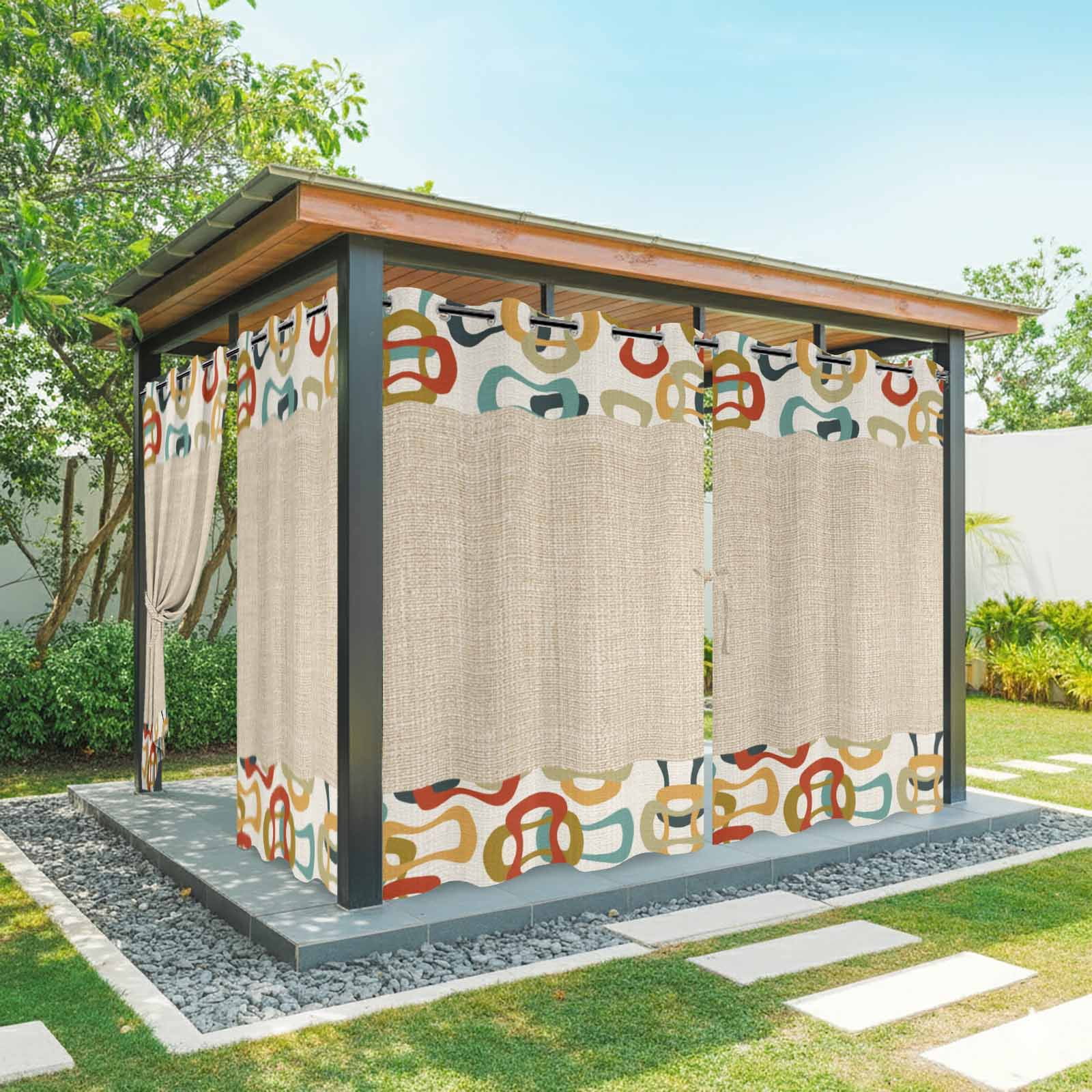 Colored Rings Outdoor Curtains for Patio, Abstract Retro Colorful Ring Linen Texture Sunshade Privacy Drapes Grommet Waterproof Outside Curtains for Porch/Cabana/Balcony 54"x 108", 1 Panel