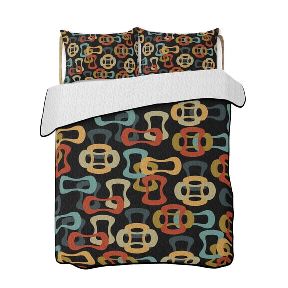 Colored Rings Quilts Bedding Set Twin Size Abstract Retro Colorful Ring Black Lightweight Quilted Bedspread 3 Piece Bed Quilt with 2 Pillow Shams All Season for Bedroom 68" x 86"