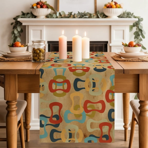Colored Rings Table Runner, Abstract Retro Colorful Ring Brown Washable Cotton-linen Table Runners Dining Kitchen Decoration for Everyday Home Wedding Party Decor, 13 x 36 Inch