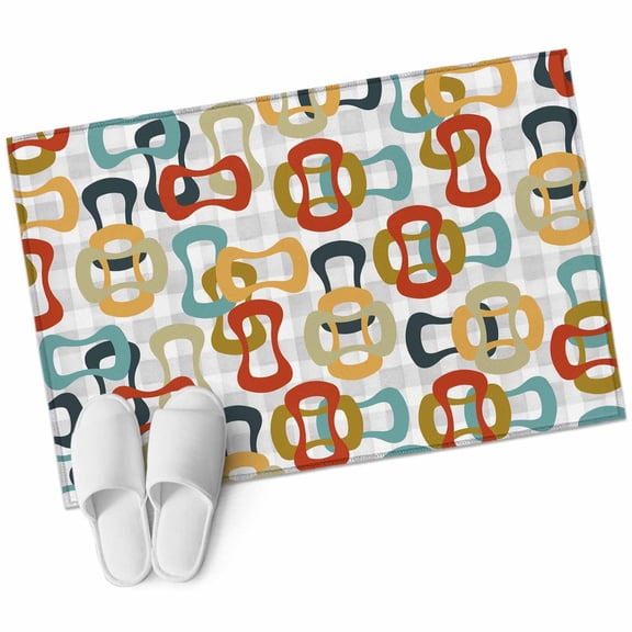 Colored Rings Washable Small Entryway Area Rugs 2'x3', Abstract Retro Colorful Ring Grey Plaid Low Pile Throw Rug Non-Slip Sturdy Edge Binding Carpet for Front Door Floor Room Entry