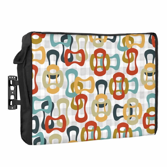 Colored Rings Waterproof Outdoor TV Cover, Abstract Retro Colorful Ring Grey Plaid Outside Weatherproof TV Enclosures for 80 to 85 Inch LCD Television Shield Flat Screen Protectors