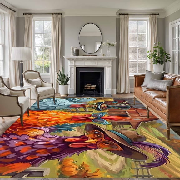 Colored Roosters 8'x10' Large Area Rug for Living Room Sectional Sofa, Abstract Hat Sunglasses Rooster Farmhouse Barn Non Slip Low Pile Rectangle Area Rug, Machine Washable Indoor Outdoor Mat