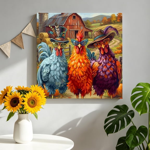 Colored Roosters Canvas Wall Art, Abstract Hat Sunglasses Rooster Farmhouse Barn Pictures Wall Decor Wooden Framed Artwork Art Prints for Living Room Hallway Bedroom Office 8"x8"