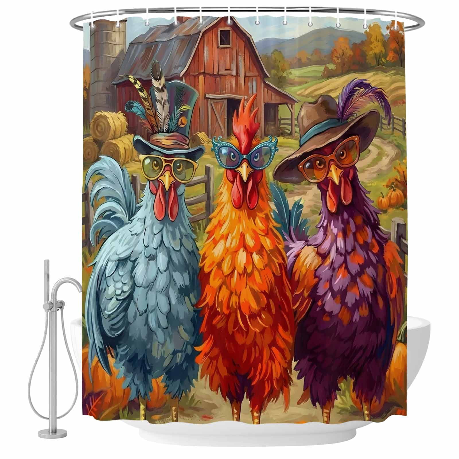 Colored Roosters Shower Curtain for Bathroom, Abstract Hat Sunglasses ...
