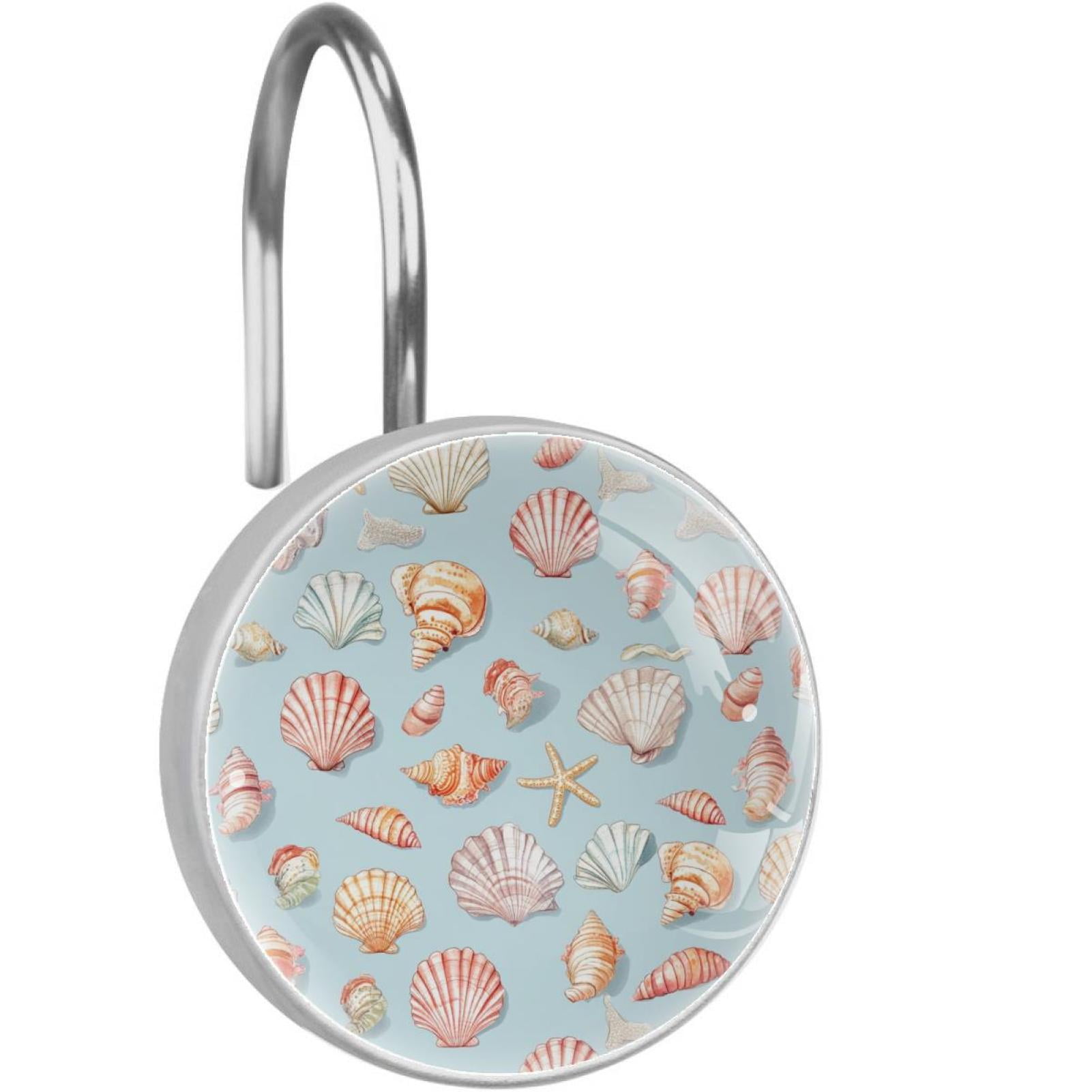 Colored Shells and Conches Shower Curtain Hooks Round Crystal Glass, Set of 12 Shower Curtain Rings - Shower Hooks for Curtain Shower Rings