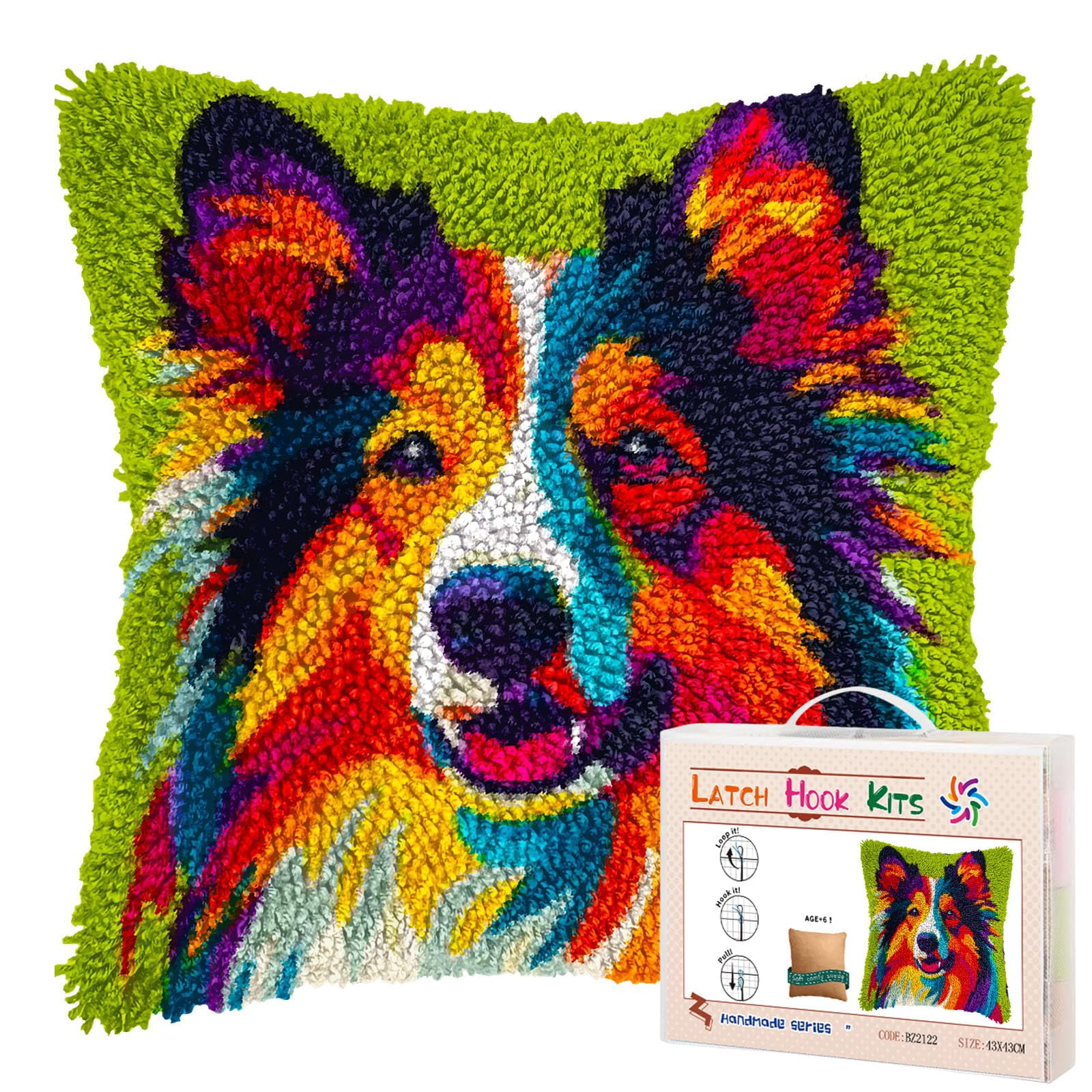 Colored Shetland Sheepdog DIY Latch Hook Pillow Kits for Adults Printed Pillowcase Crochet Yarns Hooking Handmade Pillow Cover Cushion for Home Sofa Decoration 17x17inch