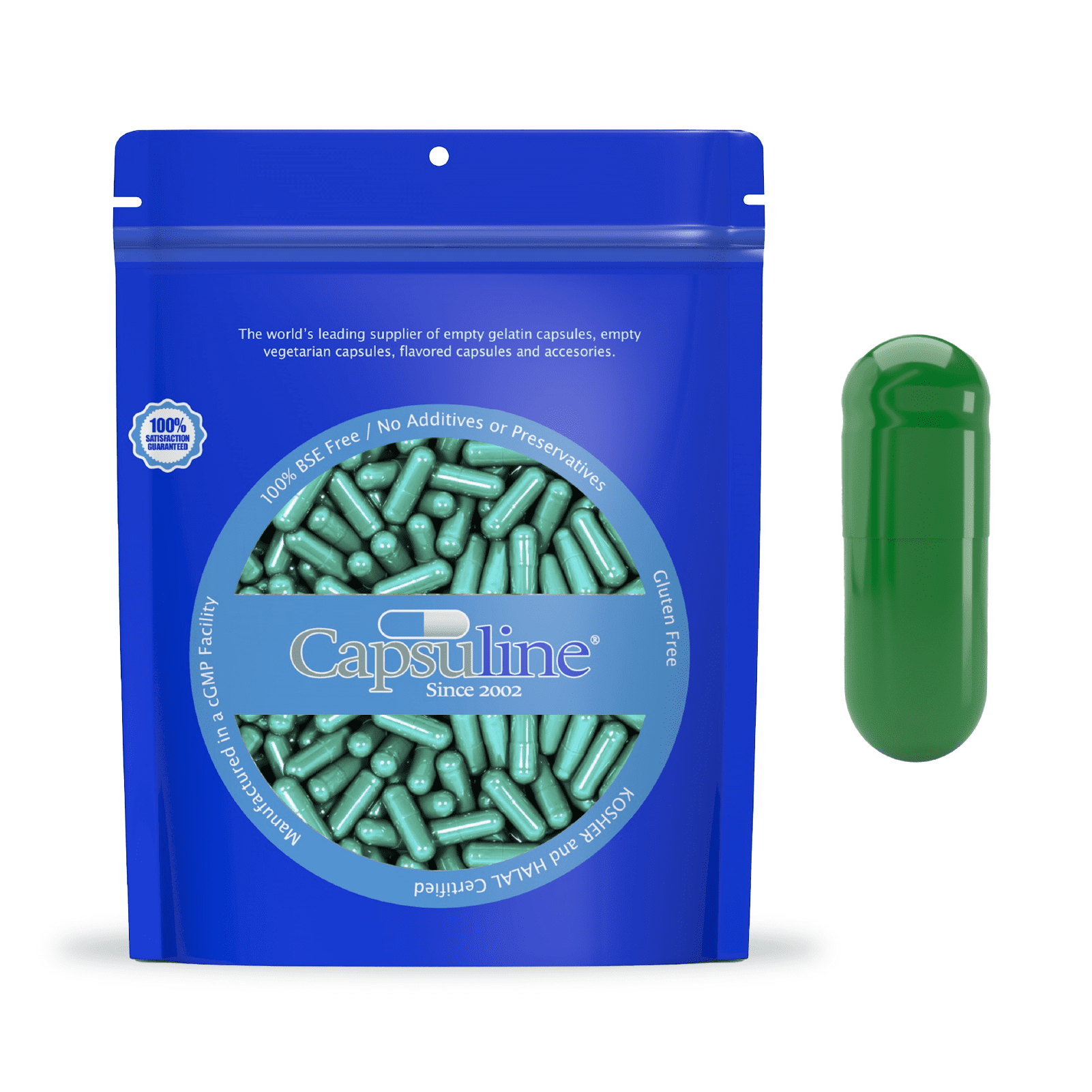 Colored Size 0 Empty Gelatin Capsules by Capsuline Green/Green 10000