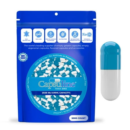 Colored Size 00 Empty Gelatin Capsules by Capsuline - Blue/White 5000 Count - 5000 count