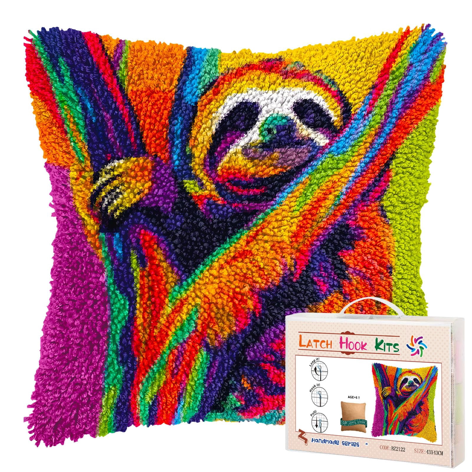Colored Sloth on Tree DIY Latch Hook Pillow Kits for Adults Printed Pillowcase Crochet Yarns Hooking Handmade Pillow Cover Cushion for Home Sofa Decoration 17x17inch(2)