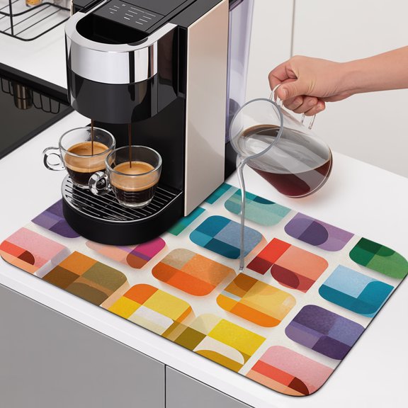Colored Square Dish Drying Mats for Kitchen Counter, Abstract Geometric Modern Colorful Shapes Absorbent Coffee Bar Mat with Non-slip Rubber Backed Quick Drying Dish Rack Pad 12"x16"