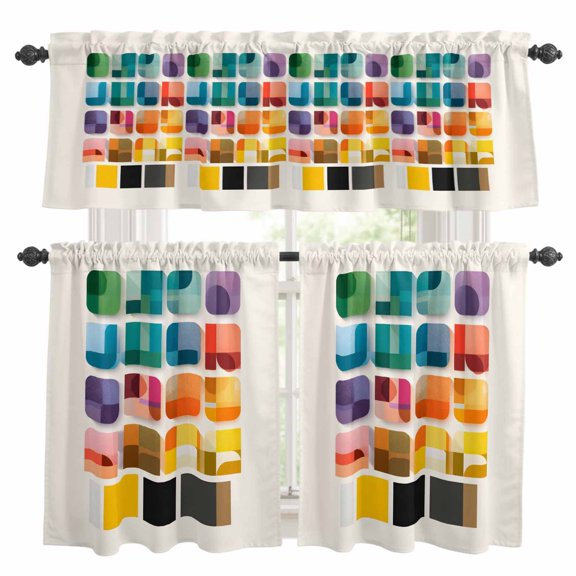 Colored Square Kitchen Curtains Valances 3 Piece Set, Abstract Geometric Modern Colorful Blocks Rod Pocket Tier Curtain and Valance Drapes for Small Window 24 Inch Length for Bedroom Cafe