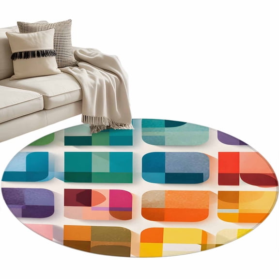 Colored Square Round Living Room Rugs 4 ft, Abstract Geometric Modern Colorful Shapes Washable Area Rug with Non-Slip Sturdy Edge Binding Round Carpet for Entryway Kitchen Bedroom Bathroom