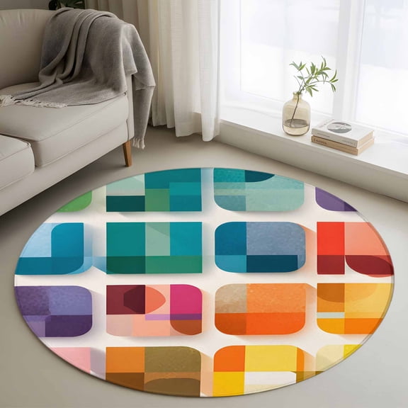 Colored Square Washable Round Area Rug 3 ft, Abstract Geometric Modern Colorful Shapes , Soft Non Slip Rugs Stain Repellent Indoor Felt Carpet for Living Dining Room Bedroom Home Office