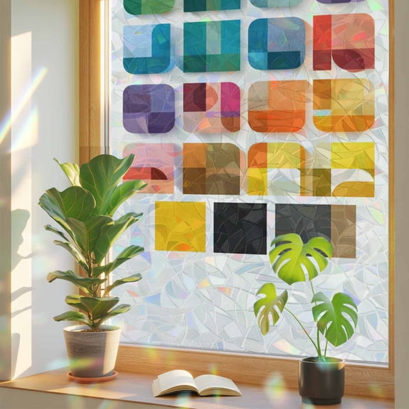 Colored Square Window Privacy Film, Abstract Geometric Modern Colorful Blocks Stained Glass Rainbow Film Decorative Window Clings, Static Cling Sun Blocking Stickers 19.6" x 39.3"