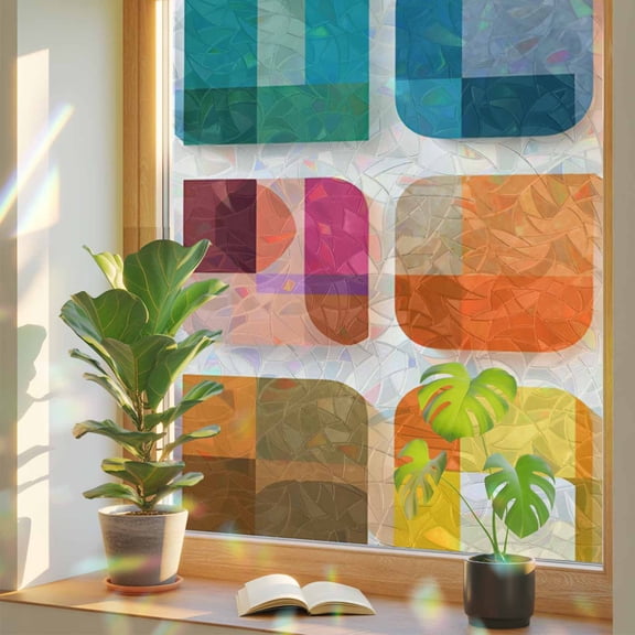 Colored Square Window Privacy Film, Abstract Geometric Modern Colorful Shapes Stained Glass Rainbow Film Decorative Window Clings, Static Cling Sun Blocking Stickers 23.6" x 78.7"