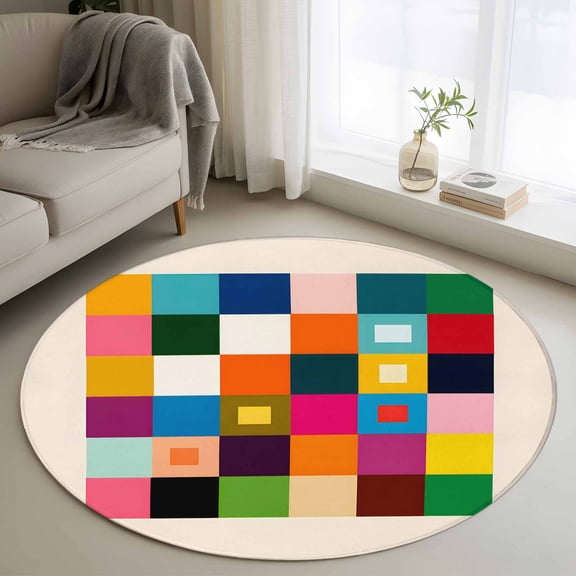 Colored Squares 3FT Round Area Rug Retro Colorful Geometric Bright Plaid Checker Soft Small Round Rugs Non-Slip, Ultra-Thin Washable Rug Low Pile Circle Carpet for Bedroom Kitchen Nursery