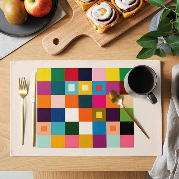 Colored Squares Placemats Set of 2, Retro Colorful Geometric Bright Plaid Checker Heat Insulated Linen Place Mats, Washable Stain-Proof Table Mats for Dining Tables Holiday Decor 13x19 Inches