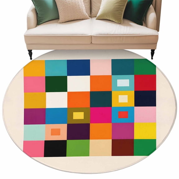 Colored Squares Round Living Room Rugs 7 ft, Retro Colorful Geometric Bright Plaid Checker Washable Area Rug with Non-Slip Sturdy Edge Binding Round Carpet for Kitchen Office Bedroom