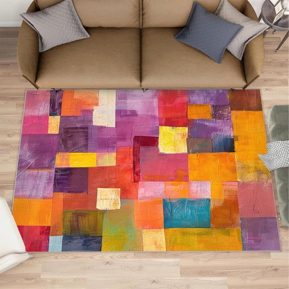 Colored Squares Rug,Geometric Art Rug, Abstract Graffiti Area Rug Washable Non Slip Soft Small Carpet, Home Decor-2' x 3'