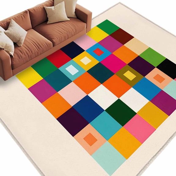 Colored Squares Washable Living Room Rugs 9'x12', Retro Colorful Geometric Bright Plaid Checker Low Pile Throw Large Area Rug Non-Slip Sturdy Edge Binding Carpet for Bedroom Dining Room Office