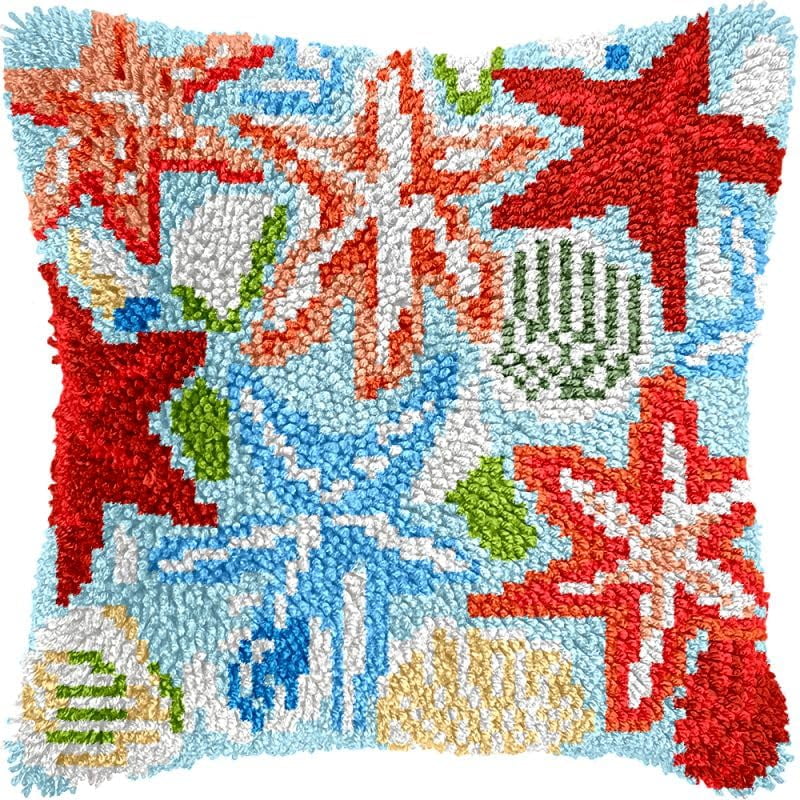 Colored Starfishes Latch Hook Pillow Kits Cushion Pillowcase with Pattern Printed Canvas Sofa Hooking Pillows Crafts Embroidery Latch Hooking Crochet Kits 17x17 inch(45)