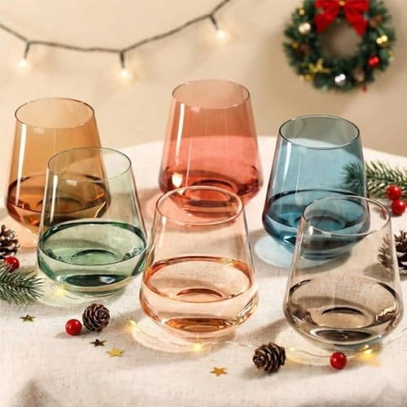Colored Steml Wine Glasses Set of 6-17 oz Hand-Blown Crystal Colored Glassware with no Stem Multicolor Glassware for Lovers Wedding Birthday Mother's Day Housewarming Gifts for Women