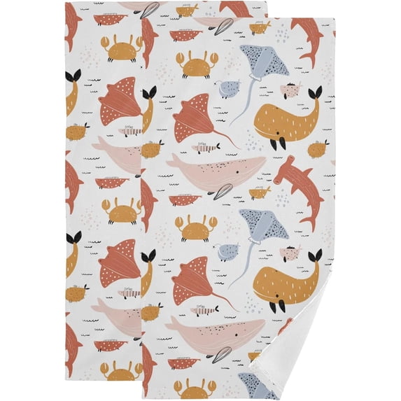 Colored Stingray Whale Hand Towels 2 PCS, Summer Animal Kitchen Towel Ultra Soft and Highly Absorbent,Decorative Fingertip Face Towel for Bathroom Hotel, 28.3"x14.4"