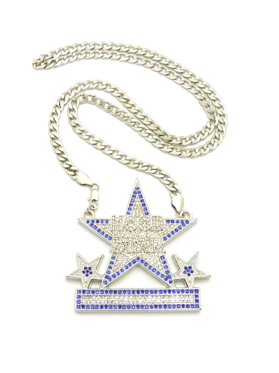 Colored Stone Stud Hood Star Podium Pendant w/ 7mm 30" Cuban Chain Necklace, Silver-Tone/Blue Stone
