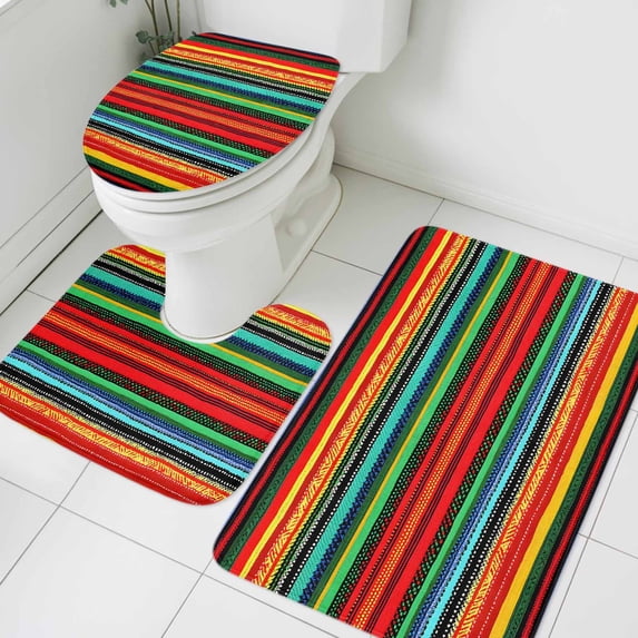 Colored Stripes Bathroom Rugs Set Mexico Style Abstract Modern Art Non Slip Absorbent Soft Bath Mats 3 Piece Set with Bathroom Rug, U-Shaped Floor Mat, Toilet Seat Cover Small Size