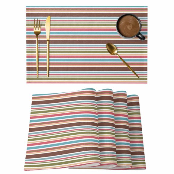 Colored Stripes Cotton Linen Placemats Set of 1, Modern Teal Red Brown Yellow Stripes Washable Table Place Mats Heat Insulating Placemat for Dining Room Kitchen Daily Use 13 x 19 Inch