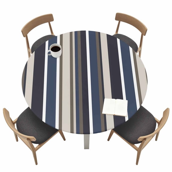 Colored Stripes Fitted Tablecloth with Elastic Edged, Round Table Cloth for Dining Table, Blue Black White Brown Abstract Lines Waterproof Oil Proof Table Cover for Indoor Outdoor 36"-44"