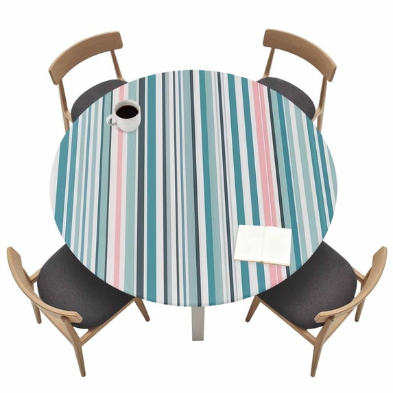 Colored Stripes Fitted Tablecloth with Elastic Edged, Round Table Cloth for Dining Table, Modern Abstract Pink Blue Turquoise Lines Waterproof Oil Proof Table Cover for Indoor Outdoor 36"-44"