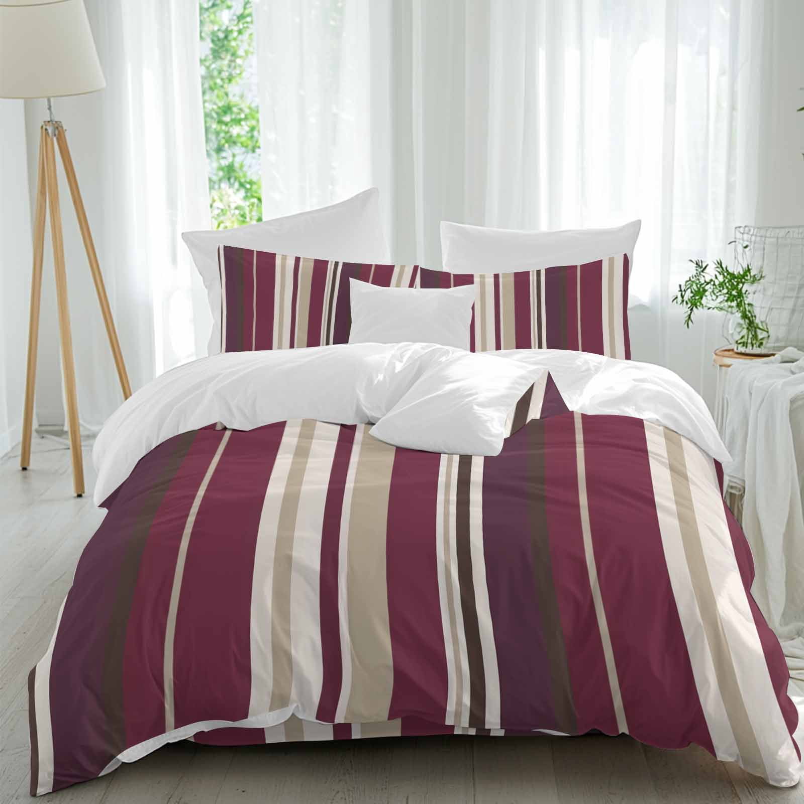 Colored Stripes Full Size Comforter Set, Abstract Purple Beige Vertical ...