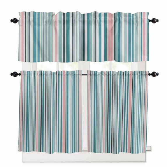 Colored Stripes Kitchen Curtains Valance and Tier Set Abstract Teal ...