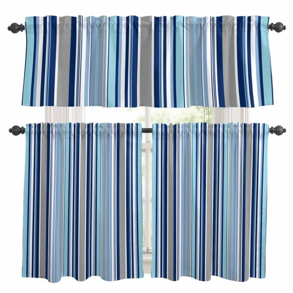 Colored Stripes Kitchen Curtains Valances and Tiers Set of 3 Abstract Blue Grey Vertical Stripe Modern Tier Curtains and Valance with Rod Pocket for Small Windows, 27.5"x36"