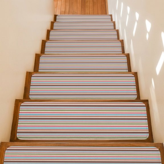 Colored Stripes Non-Slip Stair Treads for Wooden Steps, 15 Pack 8x30 Inches Carpet Stair Mats with Adhesive Backing, Noise-Reducing Step Covers for Indoor Stairs, Easy to Install & Residue-Free