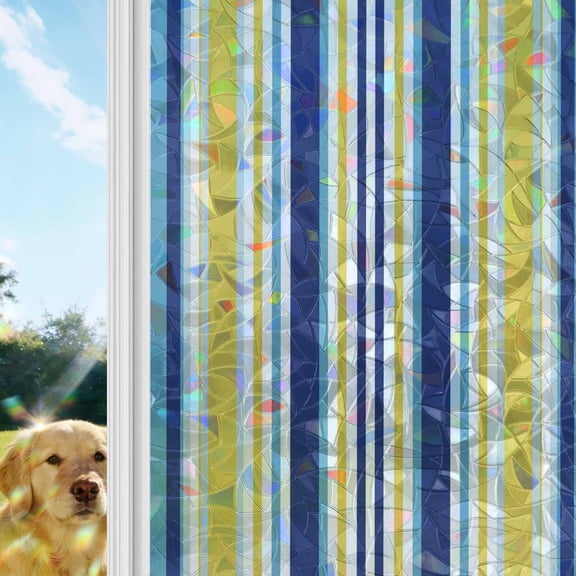 Colored Stripes Rainbow Window Privacy Film, Abstract Blue Yellow Vertical Stripe Modern Stained Glass Window Film, Sun Blocking Static Cling Non Adhesive Door Stickers 19.6 x 39.3 Inches