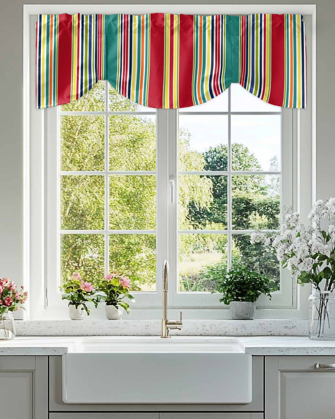 Colored Stripes Tie Up Valances Curtain, Adjustable Kitchen Abstract Red Teal Yellow Vertical Stripe Modern Valances for Windows Decor, Rod Pocket Short Curtains Set for Bedroom/Bathroom, 60"x18"