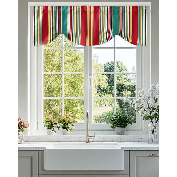 Colored Stripes Tie Up Valances Curtain, Adjustable Kitchen Abstract Red Teal Yellow Vertical Stripe Modern Valances for Windows Decor, Rod Pocket Short Curtains Set for Bedroom/Bathroom, 42"x12"
