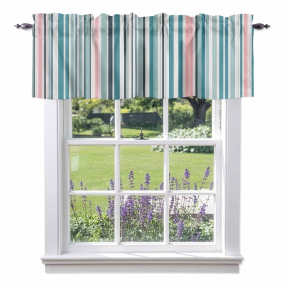 Colored Stripes Valances for Windows Abstract Teal Pink Vertical Stripe Modern Rod Pocket Light Filtering Short Window Treatments Curtains for Kitchen Bathroom Bedroom, 1 Panel, 42 x 18 Inch