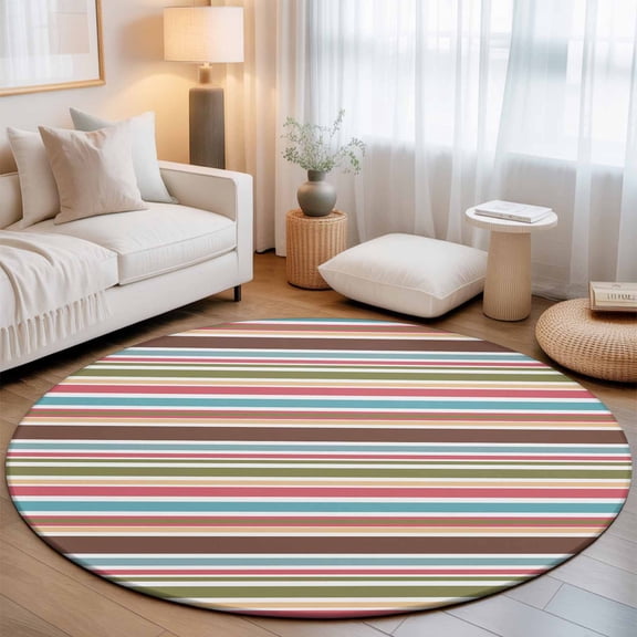 Colored Stripes Washable Round Area Rug 8 ft, Modern Teal Red Brown Yellow Stripes, Soft Non Slip Rugs Stain Repellent Indoor Felt Carpet for Living Dining Room Bedroom Home Office