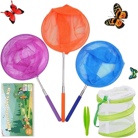Colored Telescopic Butterfly Nets for Kids Bug Insect Catching Net Extendable 34 inches,Pop up Insect Mesh Cage,Tweezers DEWEL 3 Pack Cloth Child