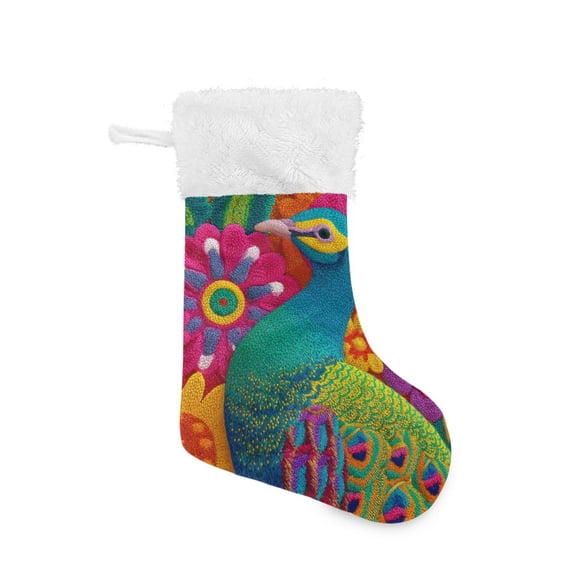 Colored Thread Peacock Flowers Christmas Stockings Large Capacity 18 inch Gift Bag with Hook Xmas Holiday Decor 1 Pack