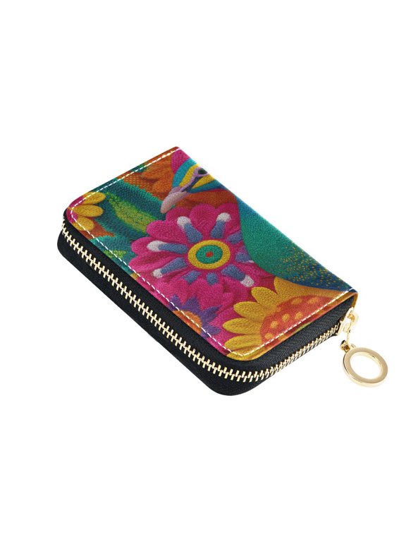 Colored Thread Peacock Flowers Women's Credit Card Holder PU Leather Zipper Wallet RFID Blocking