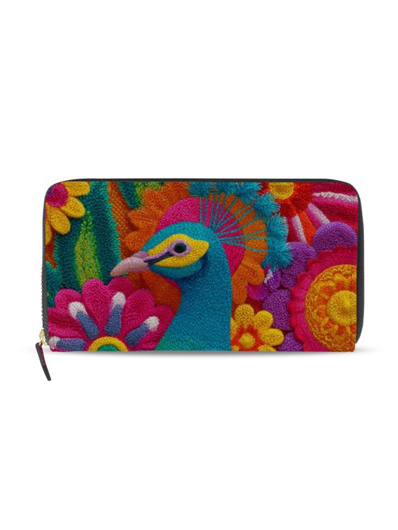 Colored Thread Peacock Flowers Women's Long Zipper Wallet Bifold Clutch Purse PU Leather Card Cases