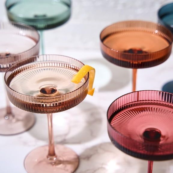 Colored Vintage Art Coupe Glasses - Martini, Cocktail & Champagne Ribbed Glasses 7oz | Set of 6 | Cute Pastel Muted Crystal Cocktail Glassware, Goblet Cocktails, Stemmed Ripple Glassware Gift Box