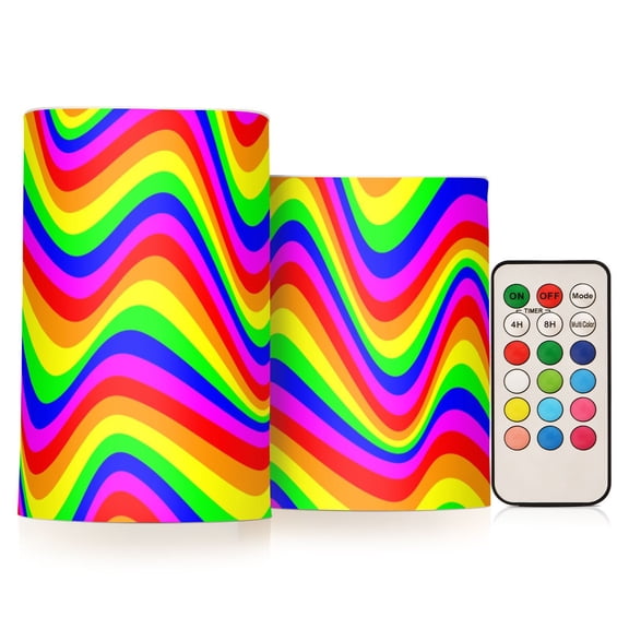 Colored Wavy Rainbow Stripes 2 PCS LED Flickering Flameless Candles with Remote Control Realistic 3D Wick Window Candles Sets for Wedding Table Home Decoration Gifts