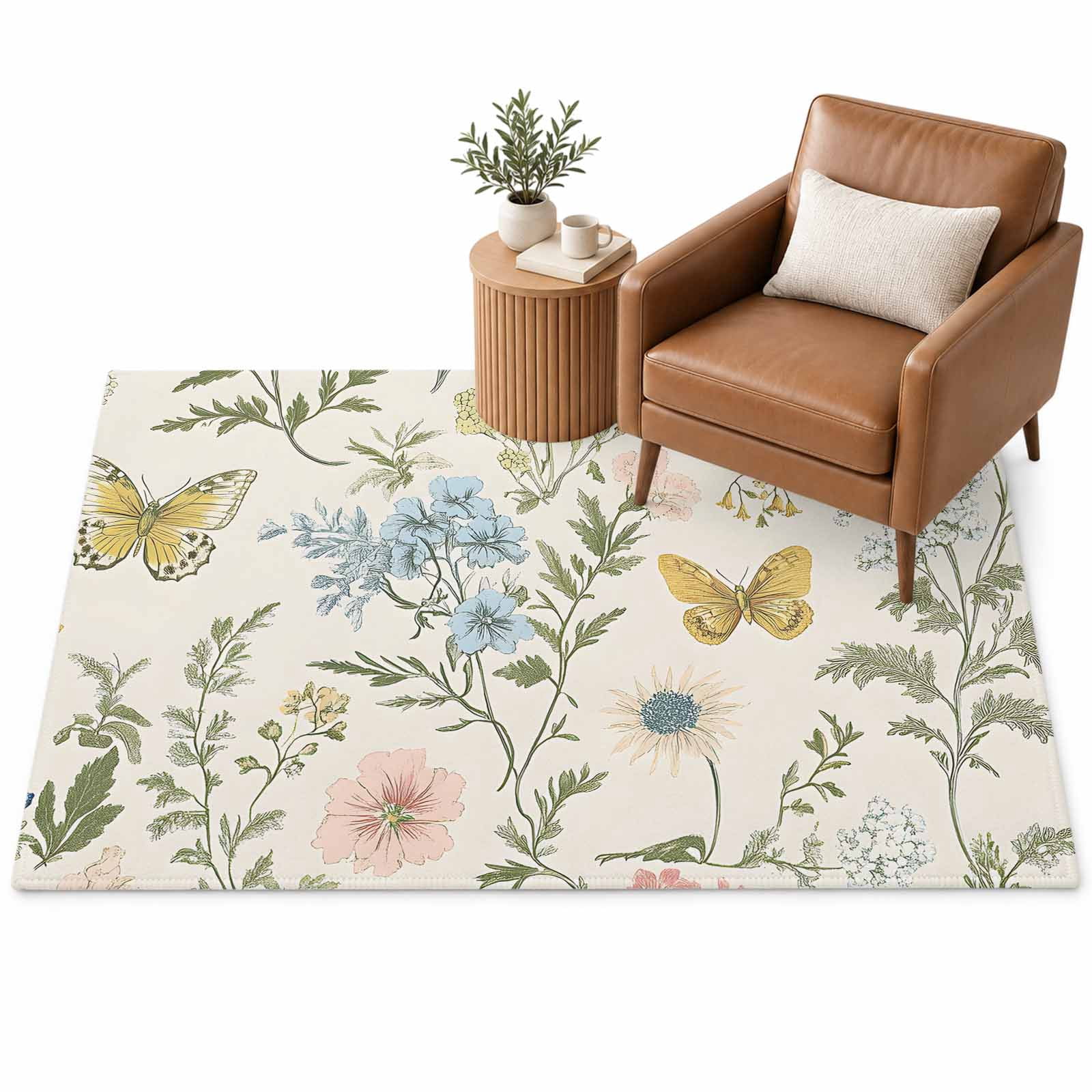 Colored Wildflowers Area Rug 4'x6', Butterfly Leaf Linen Texture Soft ...