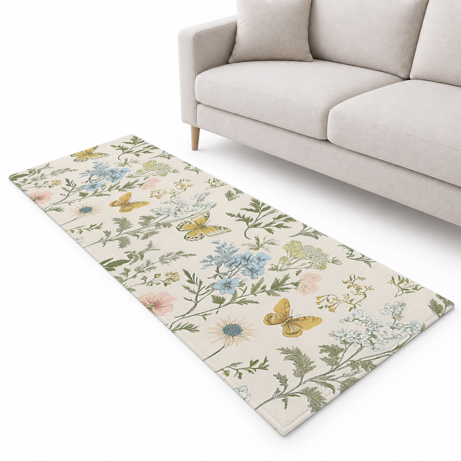 Colored Wildflowers Runner Rug 2.6'x10', Butterfly Leaf Linen Texture ...